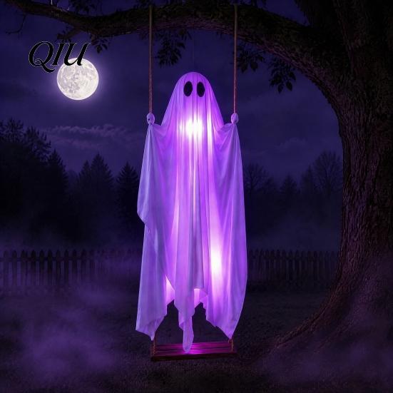 Fließender weißer Stoff Geist Dekoration Hängende Schaukel Halloween Dekoration mit Fernbedienung & LED-Lichterkette, Wasserdichte gruselige animierte für den Außenbereich Garten