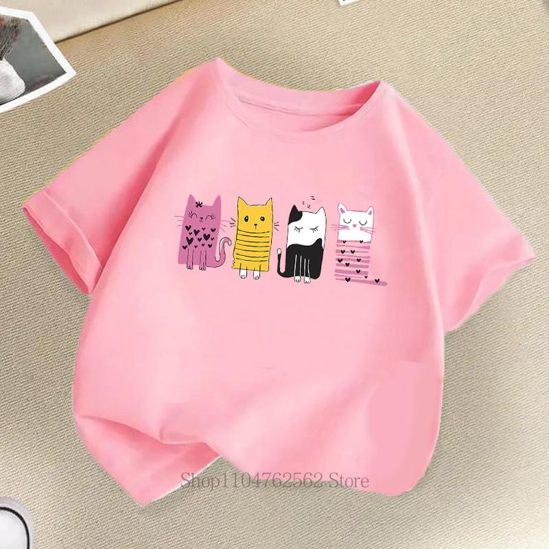 Cute Cat Print Children T-shirts Summer Girls Boys Casual Fashion Kawaii Short Sleeve Tops O-Neck Colorful Kids T-shirts