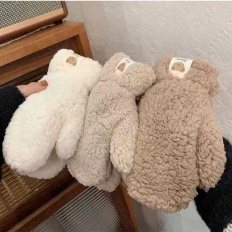 Winter Lamb Wool Bear Mittens Female Neck Cute Student Fleece Thickened Warm and Cold