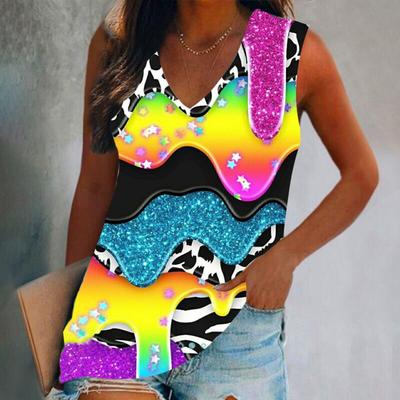 Helles Kristall-Fluid 3D-Druck Tanktops Damen Sommer Streetwear Übergroß V-Ausschnitt Weste Schulterfrei Ärmellos Damen Camisole