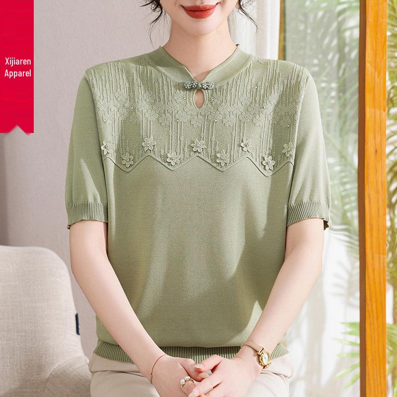 Stilvolles chinesisches Eis-Seiden-Kurzarm-T-Shirt & Strickjacke für Frauen mittleren Alters