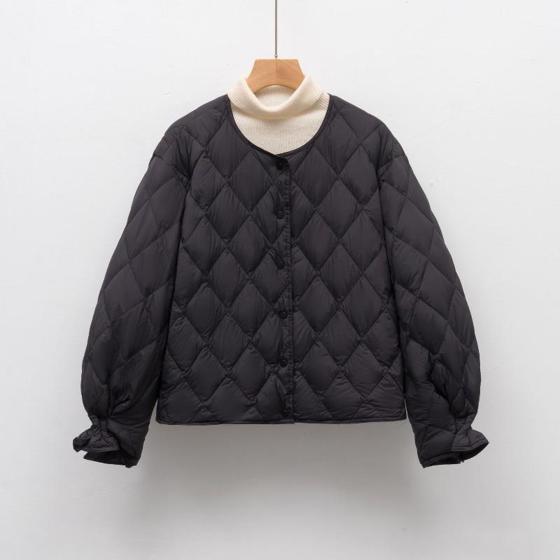 Autumn and Winter New Down Jackets Women's Light and Short Rhombus Grid Round Neck Duck Down Jacket
