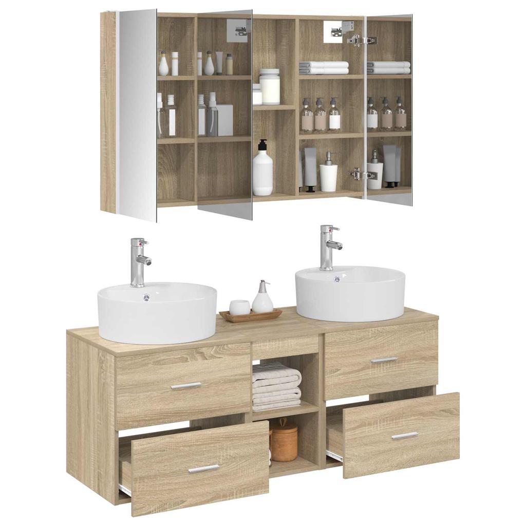 Bathroom Furniture Set 4 Pcs Sonoma Oak Engineered Wood and Glass