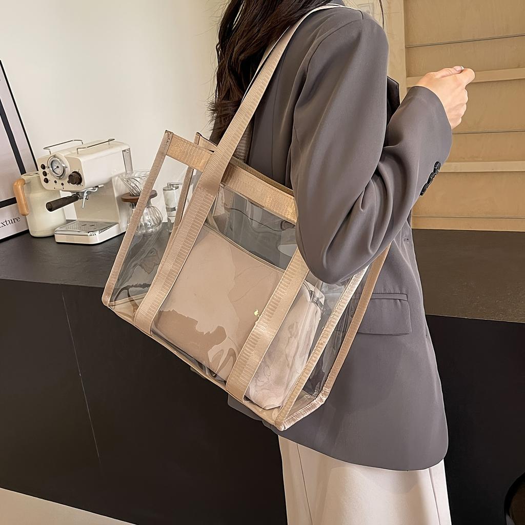 Transparente PVC-Tragetasche mit Reißverschluss-Einsatztasche für Damen, Lässige einfarbige Handtasche für Strandurlaub und Arbeit