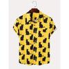 Cat Silhouette Print Lapel Short Sleeve Men Shirt, Lightweight Loose Summer Casual Button Down Clothing