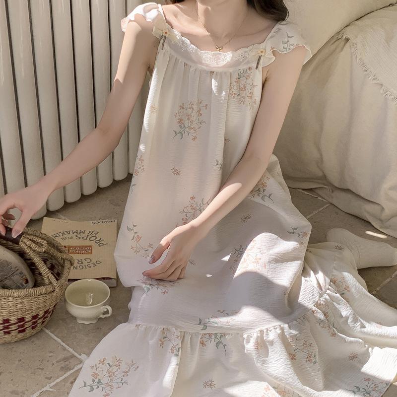 Cloud Cotton Summer New Small Fresh and Colorful Flower Cool Nightdress Light Breathable Pajamas Long Skirt Women's Loungewear