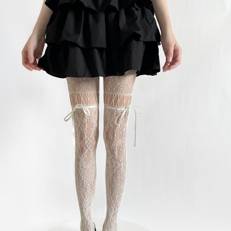 Women JK Lace Bow Tie Hollow Out Stockings Sexy Flower Bottoms Socks Women Pantyhose Tights Night Club Cosplay Party Accessories