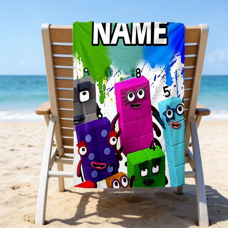 1pc 3D-Number-Blocks-Cartoon Beach Towel with Custom Name, Beach/Swimming/Bath/Picnic/Camping Towel, Suitable for Seaside Beaches