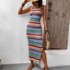 Women Striped Color Block Slit Hem Sleeveless U Neck Beach Vacation Midi Dress