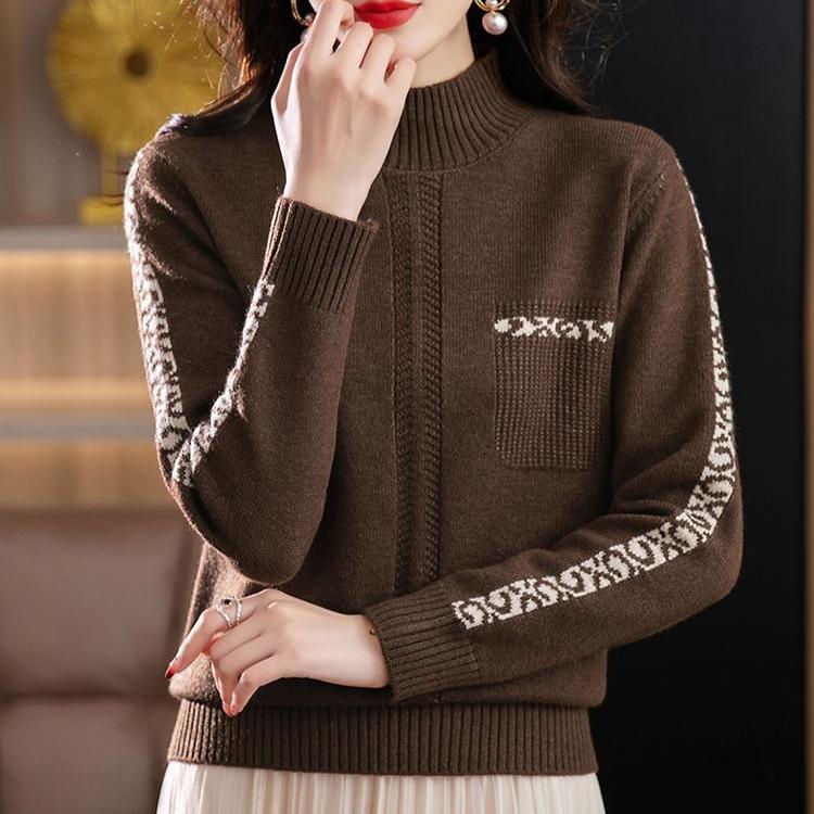 Half Turtleneck Warm Sweater for Women Short Solid-color Loose Knitted Sweater for Autumn and Winter Casual Long-sleeved Pullover