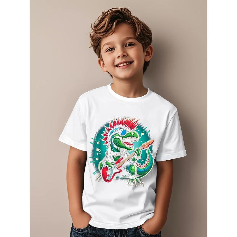 Children Crew Neck Short Sleeve T-Shirt with Cartoon Rock Dinosaur Guitarist Print 110 белый