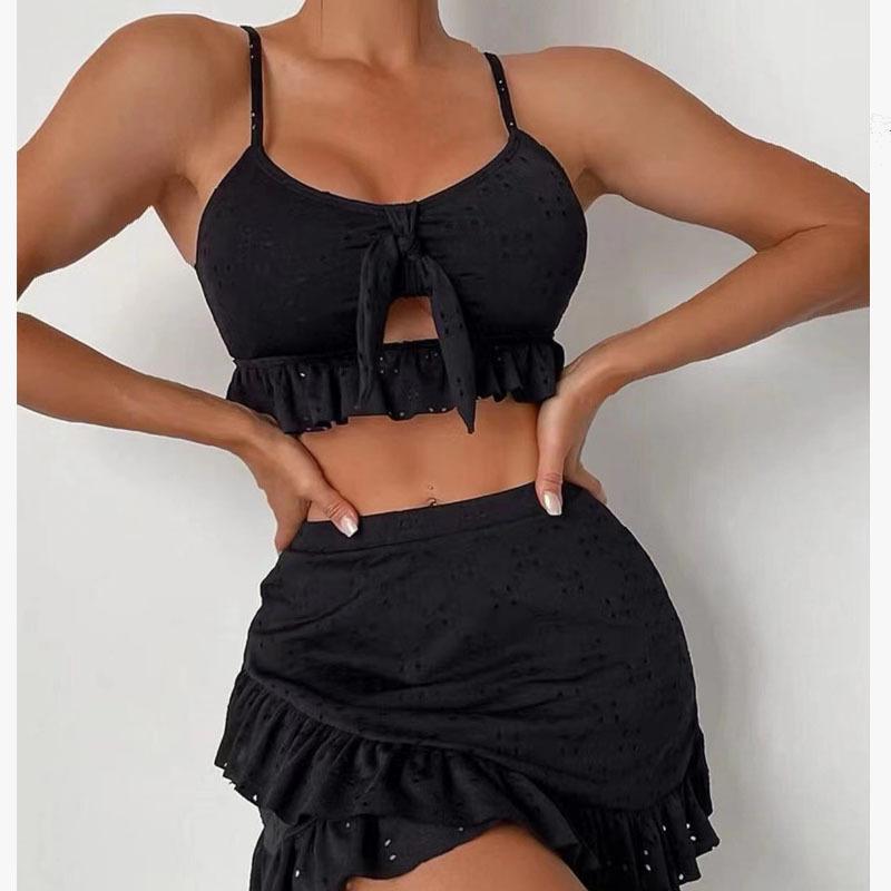New Eyelet Embroidery 3 Piece Bikini Set Spaghetti Strap Front Tie Bow Ruffle Trim High Waisted Skirted Modest Cute Women s Swimsuit S