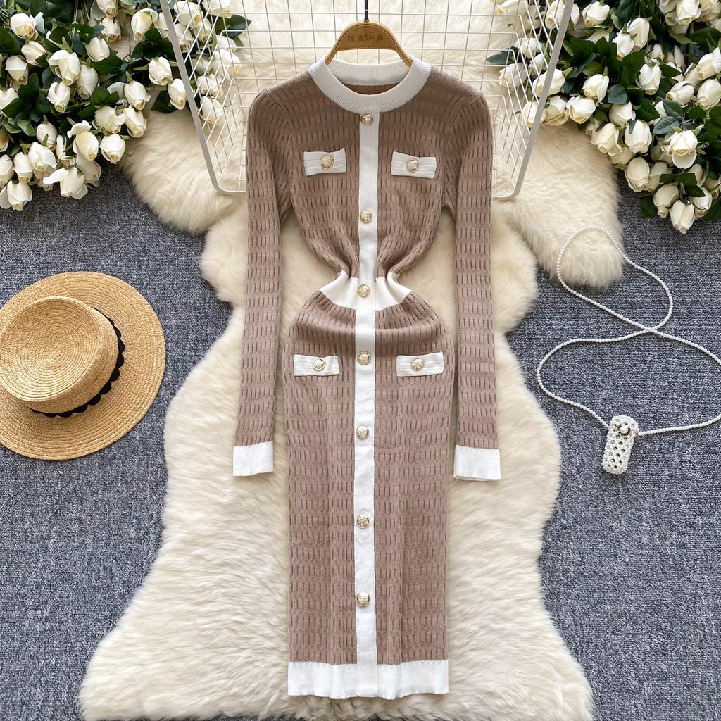 Winter Senior Retro Knitting Dress O Neck Buttons Design France Elegant Skinny Chic Female Autumn Casual Sweater Midi Dress