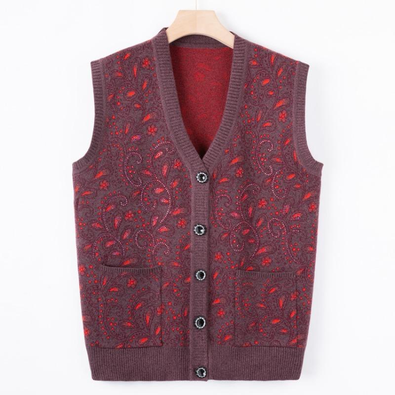 Middle-aged Elderly Knitted Sweater Vest Female Age 0 Mother Wear Autumn Sweater Vest Grandma New Warm Cardigan