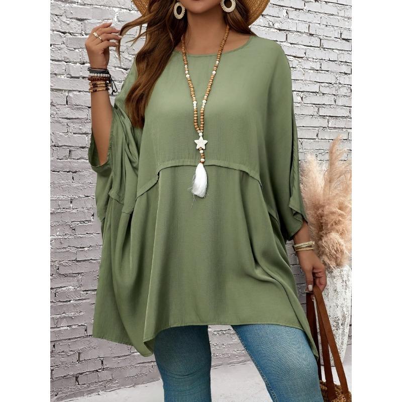 New Large Size Spring/Summer Loose Batman T-shirt Top Round Neck Fashion Casual Blouse Solid Color Irregular Elegant Shirts Loose Simple Long Tops
