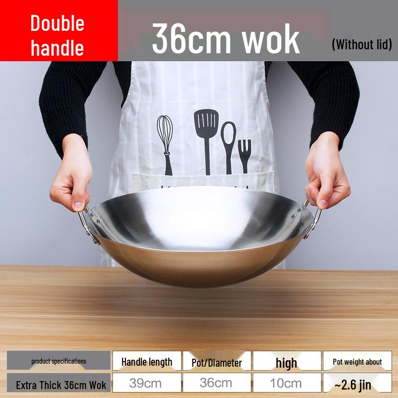 Extra Thick Non-Magnetic Stainless Steel Wok, 34-100cm Round Bottom with Double Ears for Commercial Use
