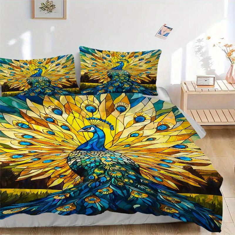 3pcs Peacock StainedGlass Bedding Cover Set, Fashion Classic Popular Print Bedding Set, Soft Comfortable, All Season Use, For Bedroom, Guest Rooma