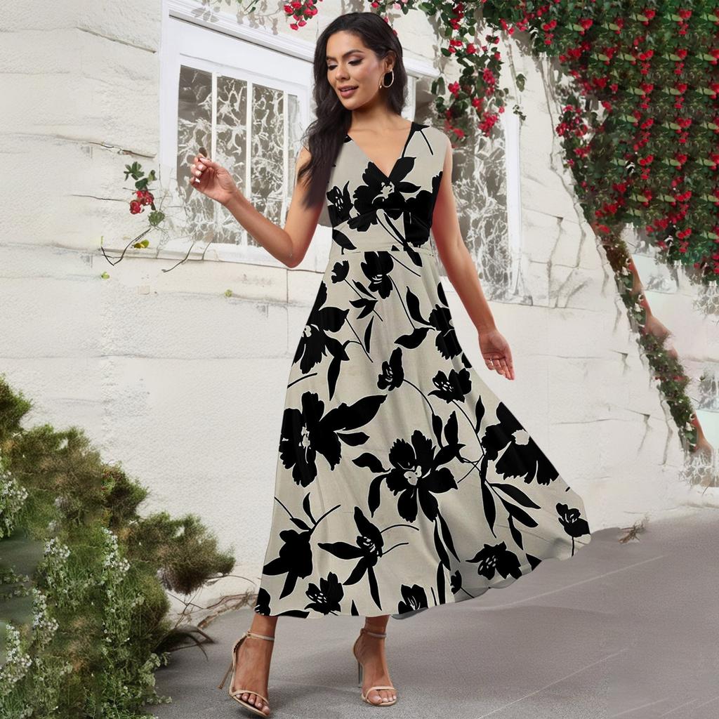 Women's Casual And Fashionable Floral Print V-Neck Sleeveless Dress Sleeveless Dress