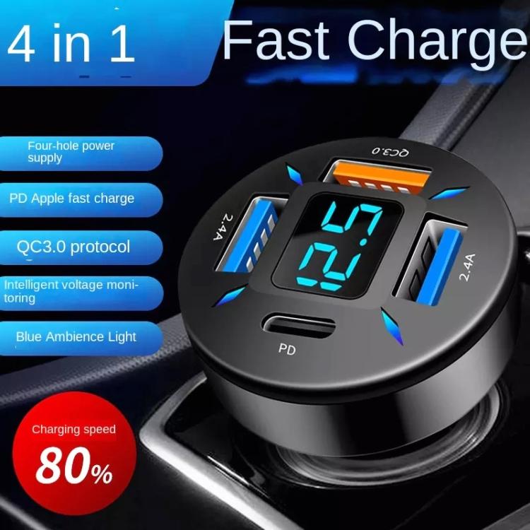 4 In 1 USB QC3.0 Digital Display Car Fast Charger