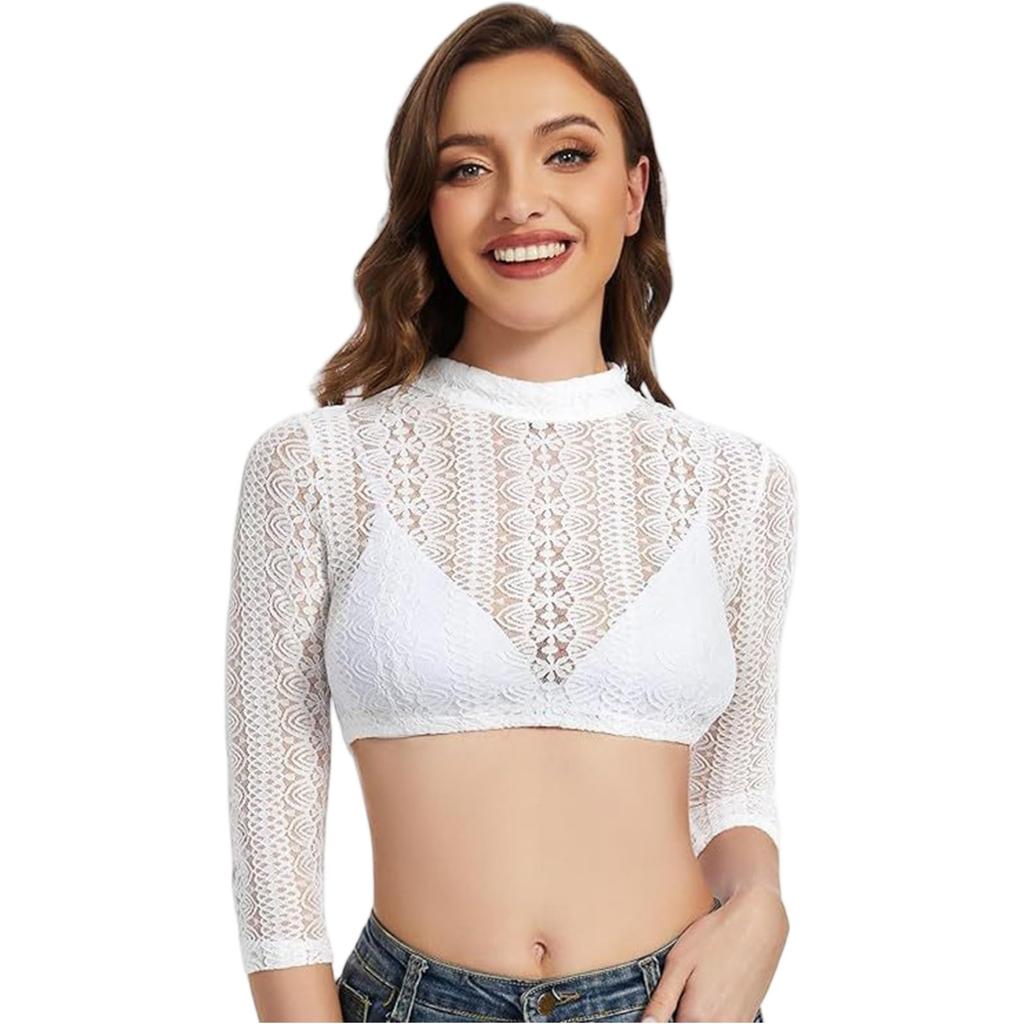 Women's Lace High Neck Crop Top Shirt Oktoberfest Style Sheer Mesh Blouse Three Quarter Sleeve Festival Shirt