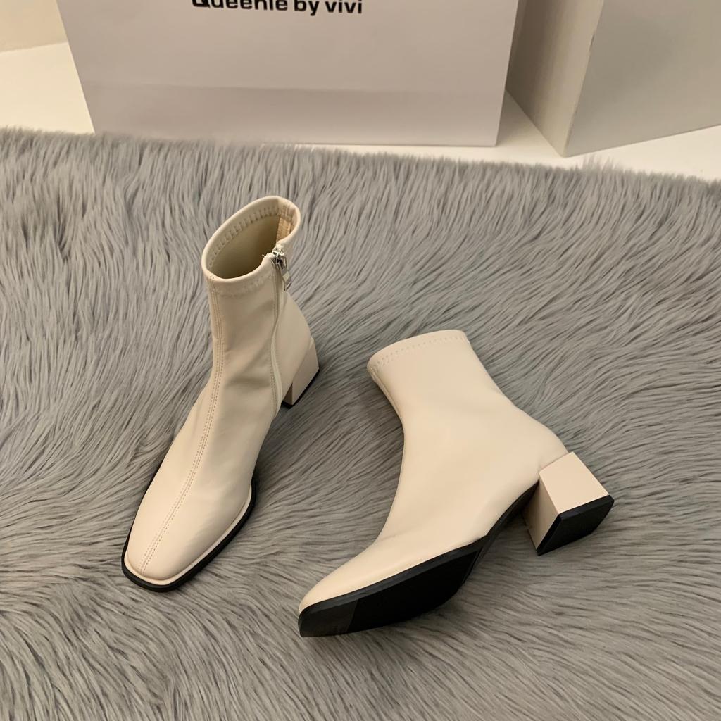 White high-heeled square head thin French small short boots women's shoes 2024 new spring and autumn single boots brown Martin boots