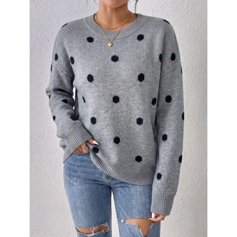 Women S Polka Dot Jacquard Knit Loose Long Sleeve Pullover Sweater