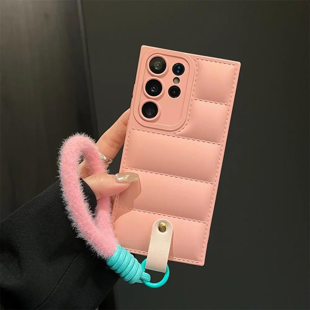 

Fashion Down Jacket Lanyard Case for Samsung Galaxy S24 S23 S25 S26 Ultra S22 Plus S21 S20 FE A54 A55 A15 Hand Wrist Strap Cover A15