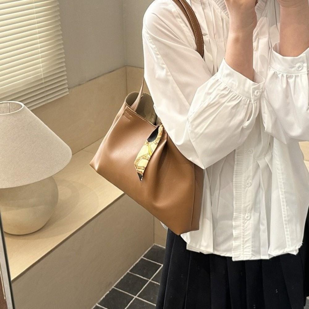 Ribbon Design Large Capacity Tote Bag Soft Underarm Bag Fashionable PU Shoulder Bag  Casual