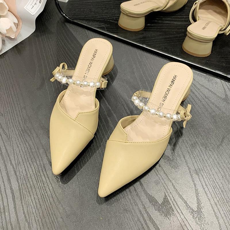 Baotou half slippers women's new summer wear pearl fashion thick heel small size sandals
