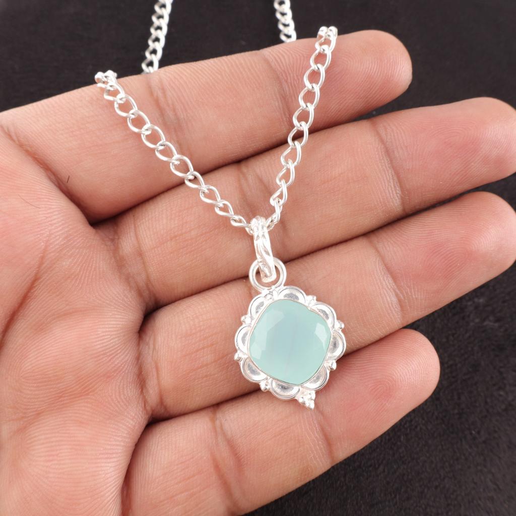 Throat Chakra Aqua Chalcedony Stone 925 Sterling Silver Birthday Pendant Jewelry PP-2-15