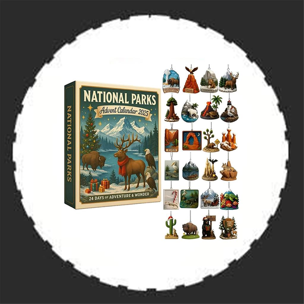 National Parks Advent Calendars 2025, 24 Days Christmas Countdown Calendar, 2D Flat Acrylic National Parks Wildlife Landscapes Ornaments Gift