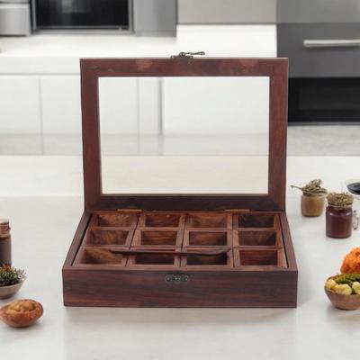 Wooden Spice Box with 12 Partitions & Spoon, Spice Container for Kitchen, Masala   for Kitchen, Wooden Masala Box,  Decorative Box (12 Partitions)
