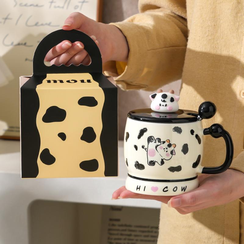 Cute Girl Heart Cow Mug With Lid Office Water Cup Girl High Value Household Coffee Cup Ceramic Cup