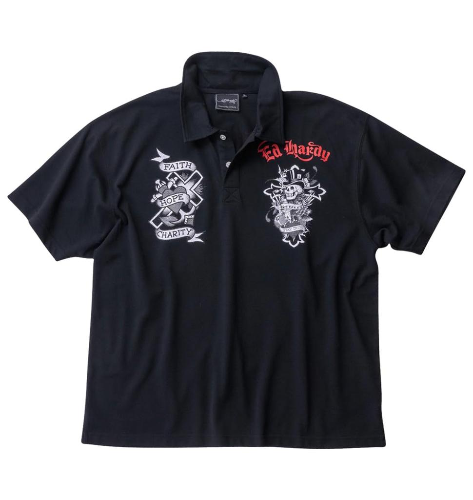 [Ed Hardy] Plus Size Piqué Print Short-Sleeve Polo Shirt for Men, Black