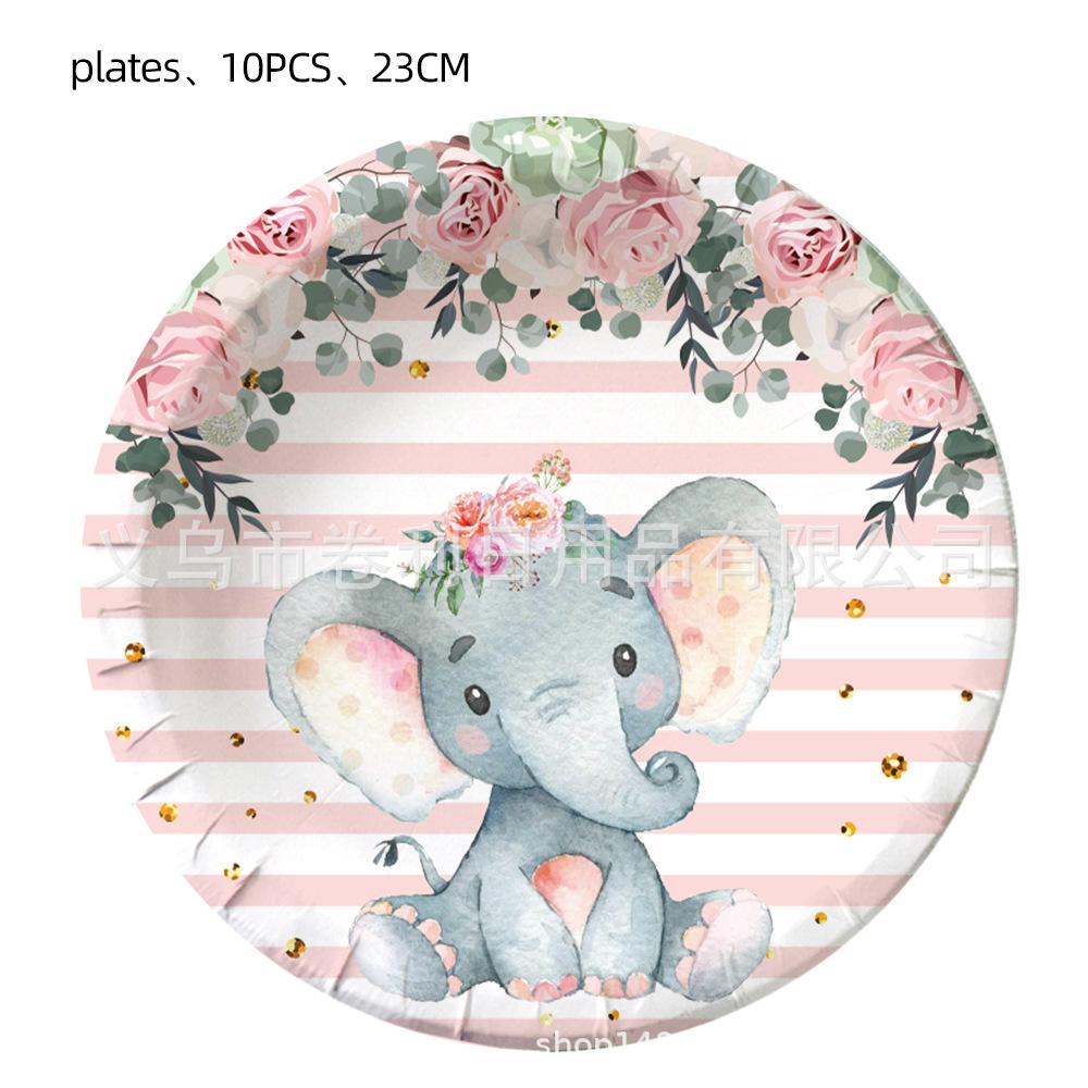 Pink Elephant Flower Theme Children'S Birthday Party Tableware Paper Plate Paper Cup Paper Towel Decorative Set Supplies