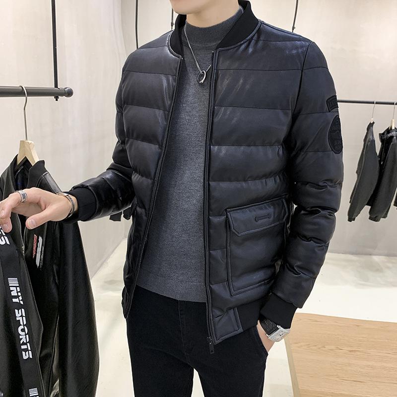 Men's cotton jacket, trendy winter wear, thickened stand-collar short PU leather cotton jacket, stylish casual leather jacket for men