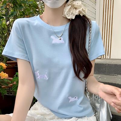 Small Fresh and Fun Cat and Dog Embroidered Short-sleeved T-shirt Women's Summer New Harajuku Small Versatile Crew Neck Top