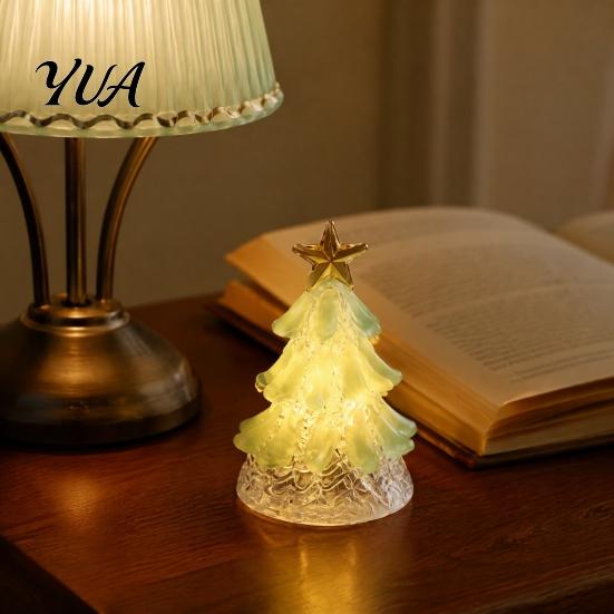 Handcrafted Holiday Keepsake Handmade Glass Christmas Tree Lighted Figurine, Mini Luminous Xmas Small Art Gift Night Light, Tabletop Decoration