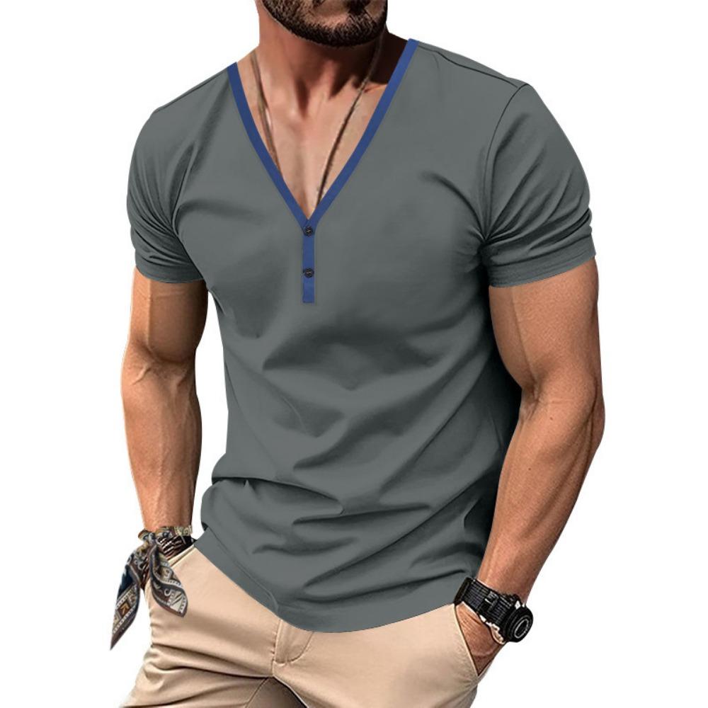 Summer Men's T-shirt, Casual V-neck Henry Shirt, Slim T-shirt, Short-sleeved Top for Men