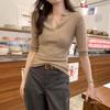 Womens Slim Fit Knit Top 2026 Minimalist Style 5/8 Sleeve Polo Neck Sweater