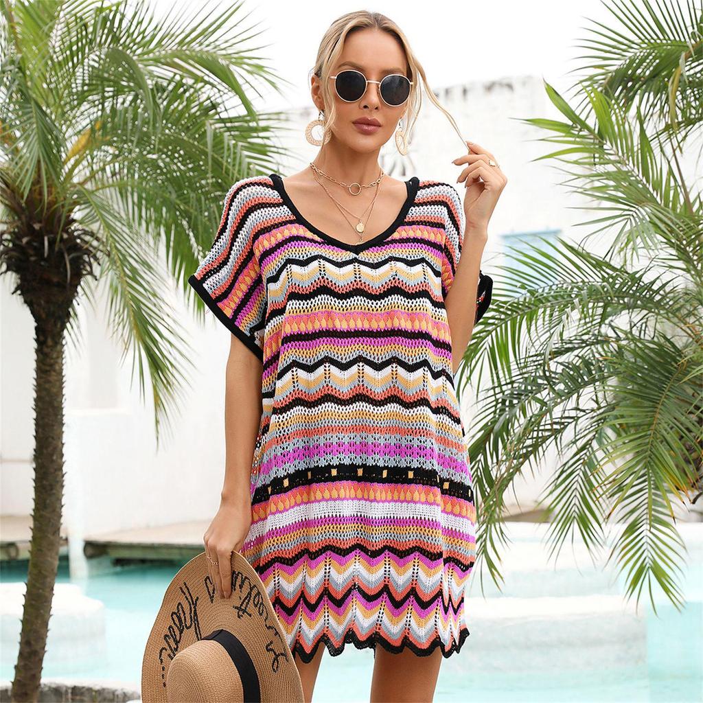 2026 Summer European & American Resort Colorful Patchwork Hollow-Out Beach Swimsuit Cover-Up for Women