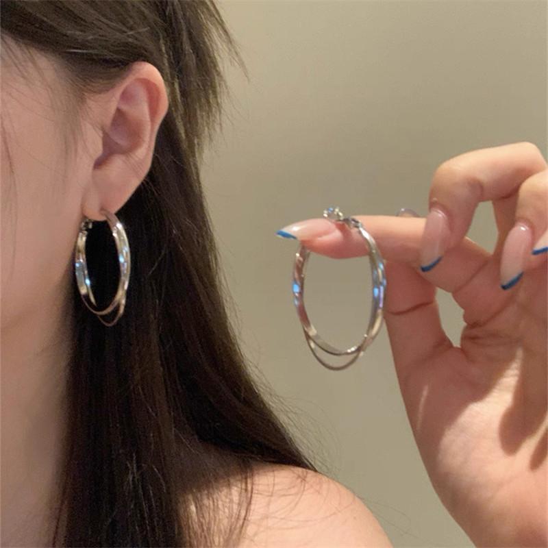 Minimalist Silver Double Layer Large Earrings Women's Summer Versatile Square and Round Face Plain Hoop Earrings