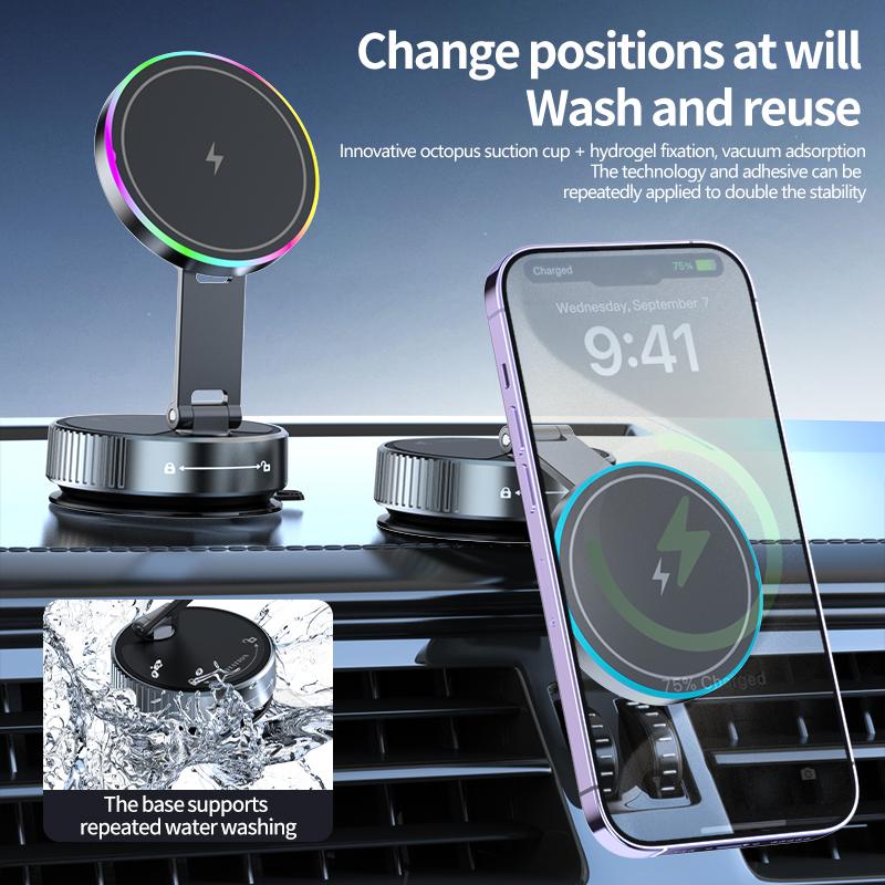15W Vacuum Suction Magnetic Wireless Charger Car Phone Holder Mount 360 degree Rotatable Compatible with Smartphones for iPhone