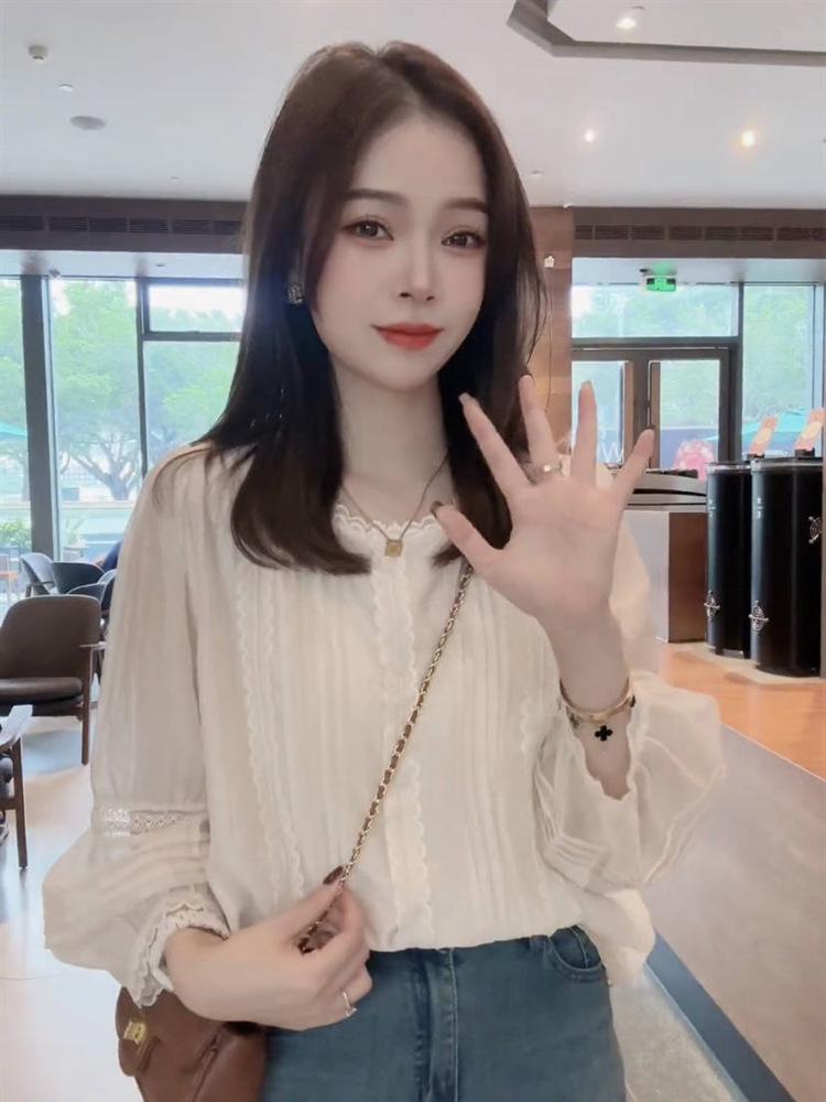 

Women s High-End Lace Trim Lantern Sleeve Blouse for Spring/Autumn 2025 L грязно-белый