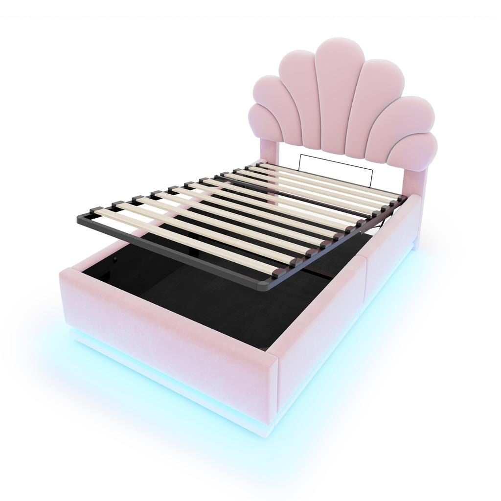Upholstered Bed 90*200cm, Flower-Shaped Headboard, Hydraulic Storage, LED Lighting and Metal Frame, Velvet Fabric Beige, Pink