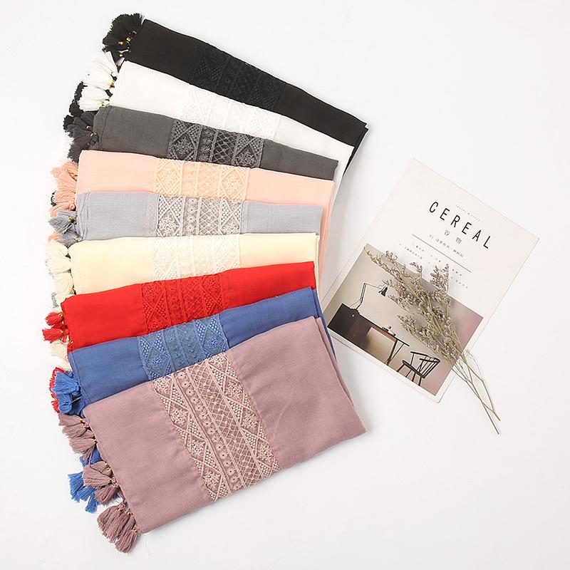 Elegant Lace Cotton Scarf With Tassel Shawl For Women Fashion Geometry Design Muslim Hijab Big Size Scarves 210*70Cm