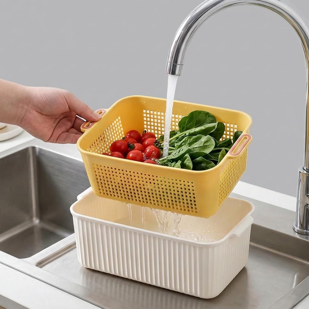 1/2/4Pcs Fruit Vegetable Drain Storage Basket Plastic Double-Layer Storage Box With Handle Multifunctional Kitchen Organizer