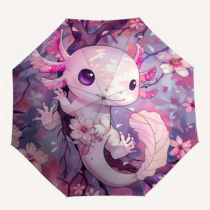 1pc Axolotl on a Tree Pattern Automatic 3-Fold Umbrella, 8 Iron Frames, High-Value Folding Umbrella, Suitable for Office, Travel and Outdoor