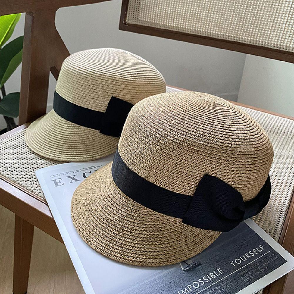 Woven Sun Hat Solid Color Women Bow Sun Hat Fashion Straw Hat