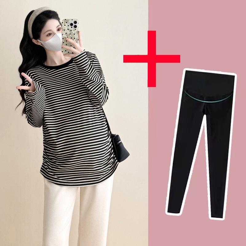 

Autumn/Winter Maternity Striped Top & High-Waist Adjustable Pants Set L: 105-125 jin